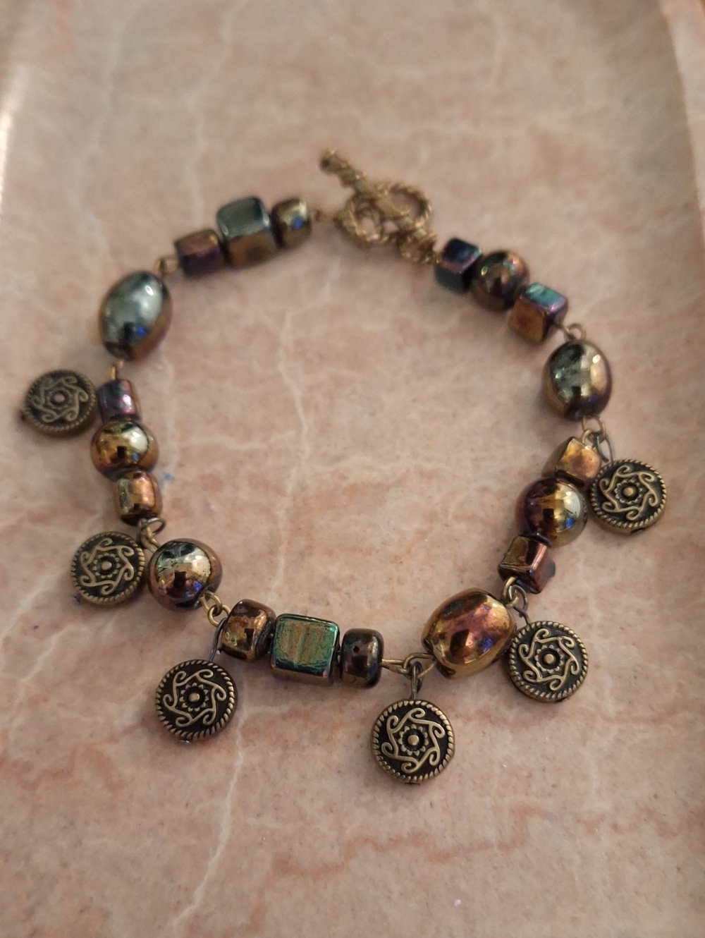 Iridescent Bead and Coin Charm Bracelet